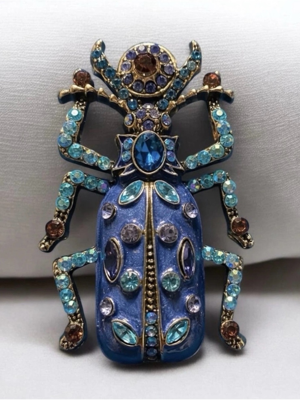 Beetle Insect Brooch Pin Blue Green Rhinestone Gold Tone 3"L x 2"W
